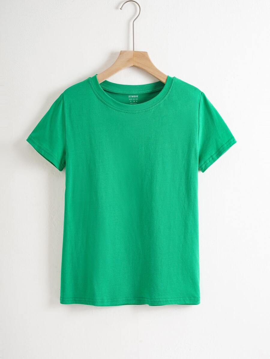 SHEIN EZwear Solid Crew Neck Tee - Green - View 1