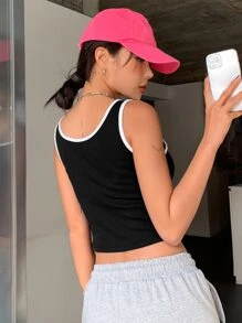 DAZY Đồ họa Chữ cái Tương phản ràng buộc Crop Tank Top - màu đen - Xem 2