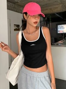 DAZY Đồ họa Chữ cái Tương phản ràng buộc Crop Tank Top - màu đen - Xem 3