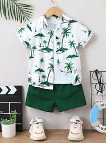 SHEIN Conjunto de camisa y pantalones cortos informales para vacaciones con estampado tropical para niño joven con cuello vuelto y manga normal para el verano - Multicolor - Ver 1