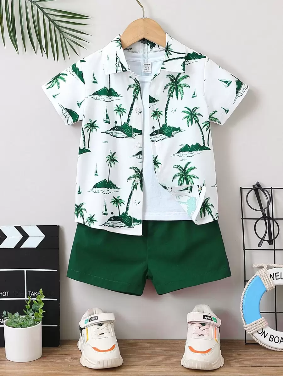 SHEIN Conjunto de camisa y pantalones cortos informales para vacaciones con estampado tropical para niño joven con cuello vuelto y manga normal para el verano - Multicolor - Ver 1