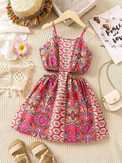 SHEIN Young Girl Geometric Pattern Vintage Holiday Spaghetti Strap Dress For Summer,Holiday,Summer,Travel