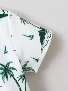 SHEIN Conjunto de camisa y pantalones cortos informales para vacaciones con estampado tropical para niño joven con cuello vuelto y manga normal para el verano - Multicolor - Ver 4