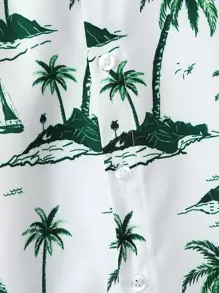 SHEIN Conjunto de camisa y pantalones cortos informales para vacaciones con estampado tropical para niño joven con cuello vuelto y manga normal para el verano - Multicolor - Ver 5
