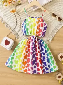 小女童愛心圖案腰部鏤空吊帶連衣裙 - 彩色 - 查看 1