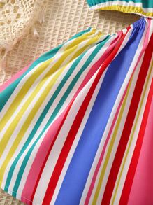 SHEIN Young Girl Multicolor Striped Vintage Simple Spaghetti Strap Summer Dress,Holiday,Summer,Travel - Multicolor - View 4
