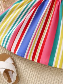 SHEIN Young Girl Multicolor Striped Vintage Simple Spaghetti Strap Summer Dress,Holiday,Summer,Travel - Multicolor - View 5