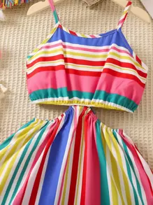 SHEIN Young Girl Multicolor Striped Vintage Simple Spaghetti Strap Summer Dress,Holiday,Summer,Travel - Multicolor - View 6