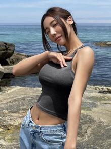 DAZY 素色繞頸短上衣 - 灰色 - 查看 3