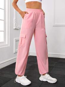 Flap Pocket Side Cargo Sports Trousers - Pink - View 1