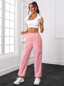 Flap Pocket Side Cargo Sports Trousers - Pink - View 5