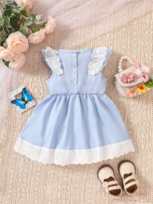 嬰兒網眼刺繡荷葉邊前蝴蝶結連衣裙 - 藍色 - 查看 2