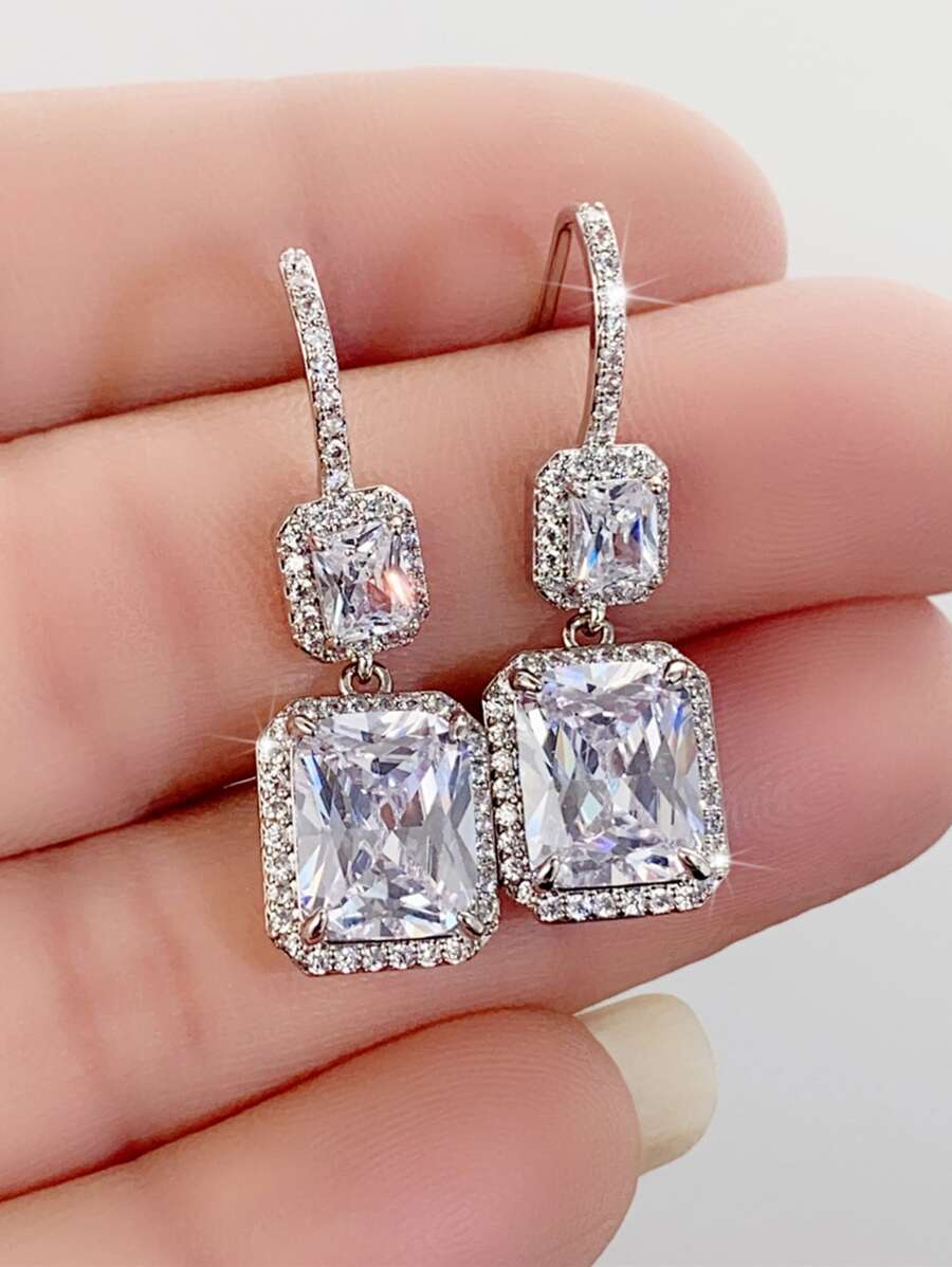 1對魅力四射方晶鋯石裝飾耳墜適用於女士適用於禮品 - 銀色 - 查看 1