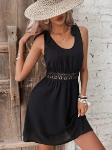 SHEIN Frenchy 水溶蕾絲拼接肩上打結連衣裙 - 黑色 - 查看 4