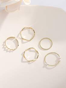 5入組時尚假珍珠裝飾環繞細節戒指,適用於女性日常裝飾 - 金黃色 - 查看 1