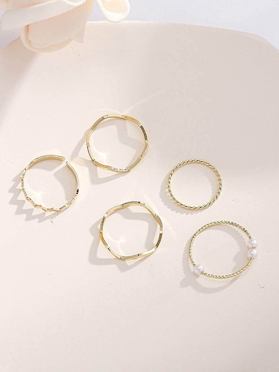 5入組時尚假珍珠裝飾環繞細節戒指,適用於女性日常裝飾 - 金黃色 - 查看 1