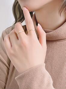 5入組時尚假珍珠裝飾環繞細節戒指,適用於女性日常裝飾 - 金黃色 - 查看 6