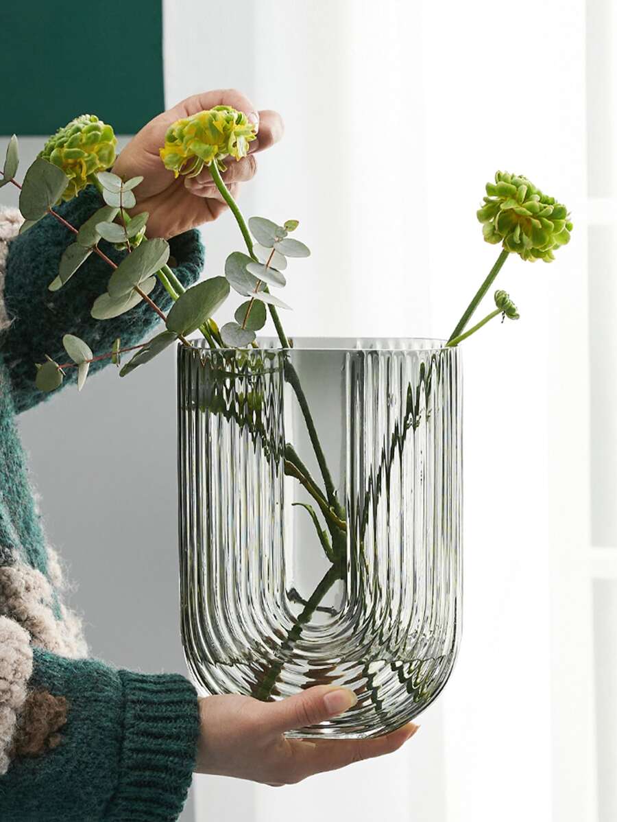 1pc Plain Flower Vase, Modern Glass Textured Design Vase For Home - Light Grey - View 1