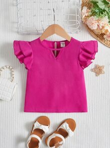SHEIN Toddler Girls Keyhole Neckline Butterfly Sleeve Blouse - Hot Pink - View 1