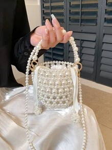 Mini Bucket Bag Faux Pearl Beaded Design - White - View 1