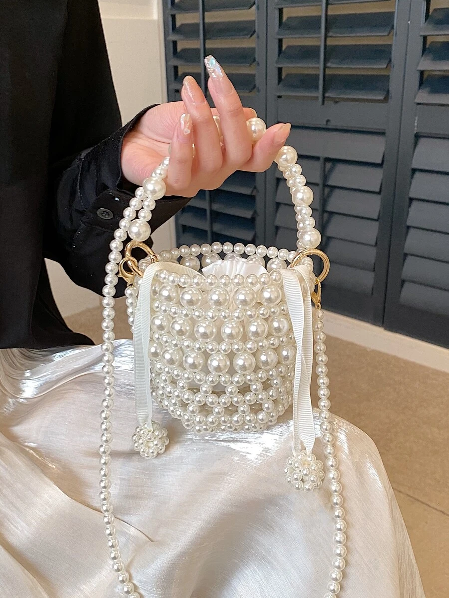 Mini Bucket Bag Faux Pearl Beaded Design - White - View 1