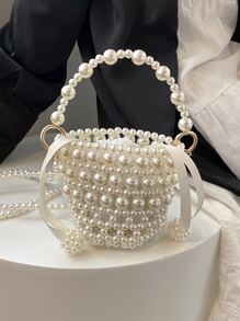 Mini Bucket Bag Faux Pearl Beaded Design - White - View 2