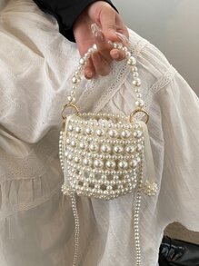 Mini Bucket Bag Faux Pearl Beaded Design - White - View 5