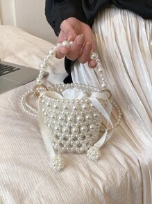 Mini Bucket Bag Faux Pearl Beaded Design - White - View 8