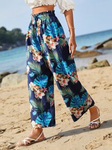SHEIN VCAY Tropical Print Paperbag Waist Wide Leg Pants