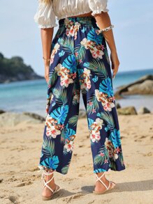 SHEIN VCAY Tropical Print Paperbag Waist Wide Leg Pants