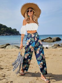 SHEIN VCAY Tropical Print Paperbag Waist Wide Leg Pants