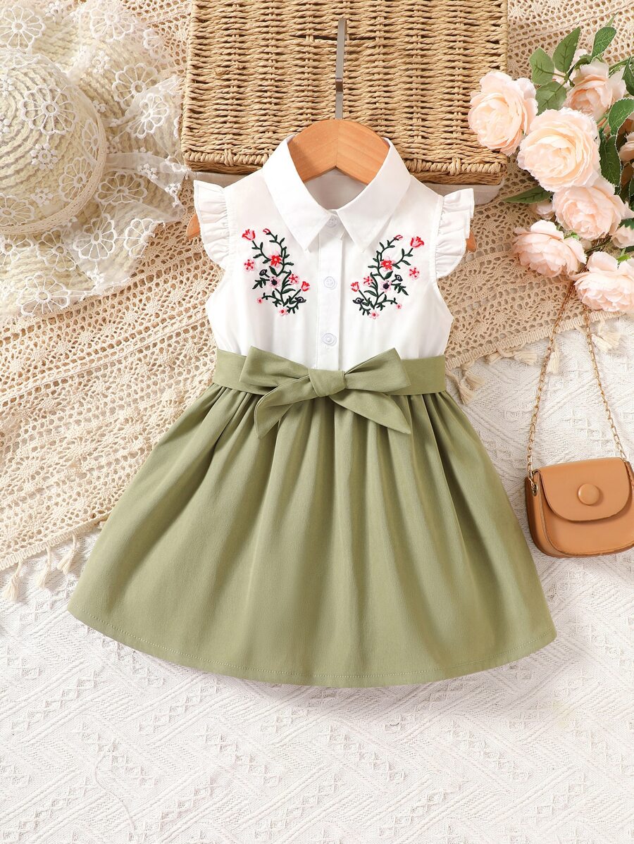 Baby Floral Embroidery Ruffle Trim Belted Shirt Dress - Multicolor - View 1