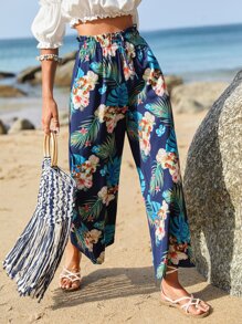 SHEIN VCAY Tropical Print Paperbag Waist Wide Leg Pants