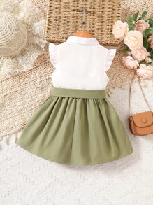 Baby Floral Embroidery Ruffle Trim Belted Shirt Dress - Multicolor - View 2