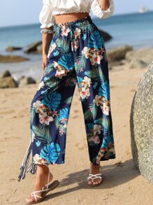 SHEIN VCAY Tropical Print Paperbag Waist Wide Leg Pants