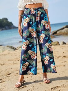 SHEIN VCAY Tropical Print Paperbag Waist Wide Leg Pants
