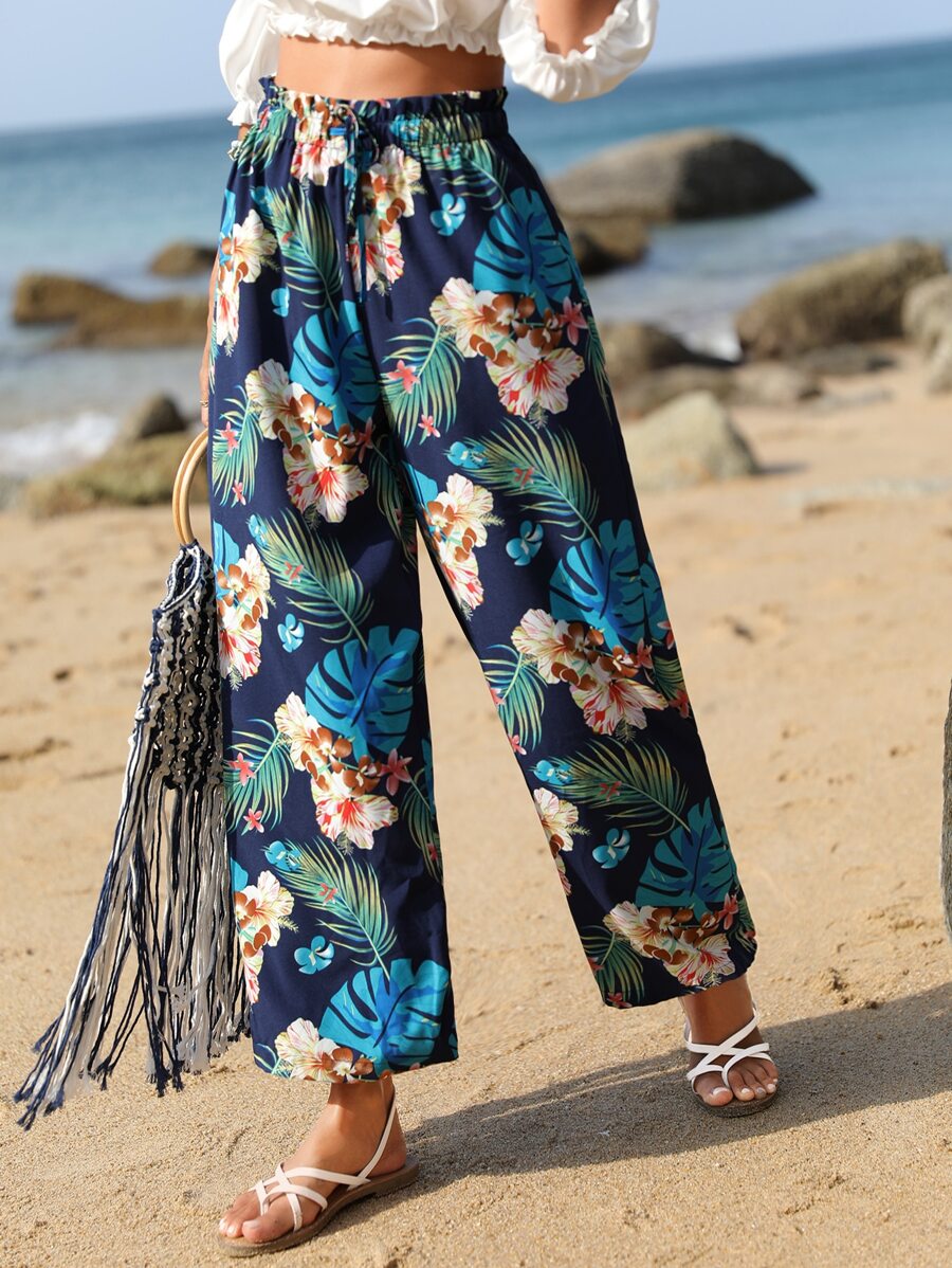 SHEIN VCAY Tropical Print Paperbag Waist Wide Leg Pants