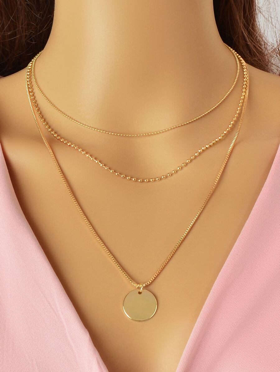 Disc Pendant Layered Necklace - Yellow Gold - View 1