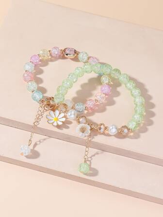 2入組花朵吊墜串珠手鐲