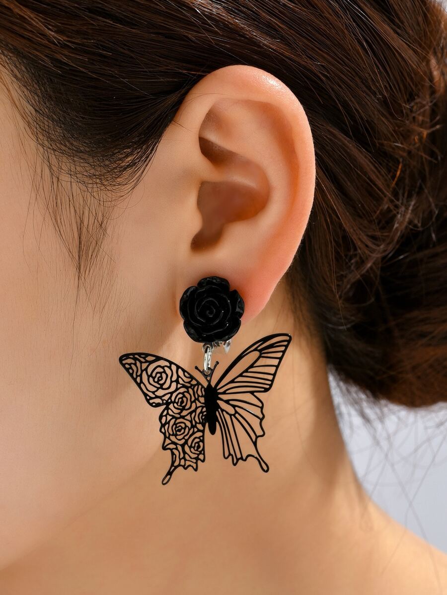 Flower & Butterfly Decor Drop Earrings Valentines,Mom,Mother,Mother's Day,Gift - Black - View 1
