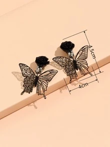 Flower & Butterfly Decor Drop Earrings Valentines,Mom,Mother,Mother's Day,Gift - Black - View 3