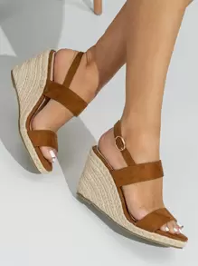 女士搭扣裝飾編織度假仿麂皮露跟坡跟涼鞋適用於戶外 - 棕色 - 查看 1