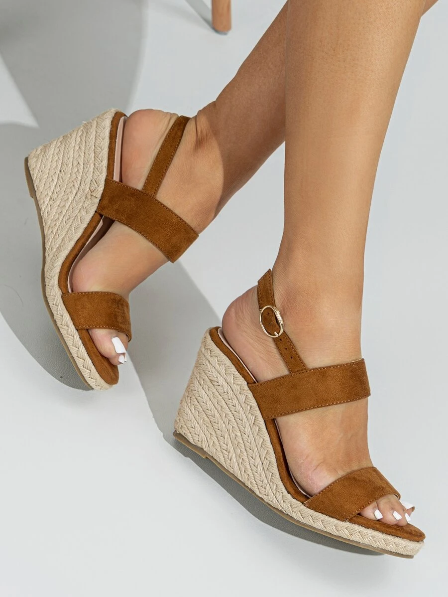 女士搭扣裝飾編織度假仿麂皮露跟坡跟涼鞋適用於戶外 - 棕色 - 查看 1