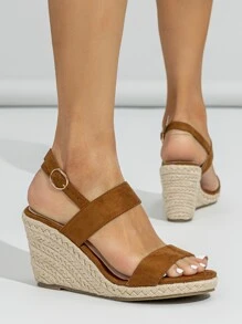 女士搭扣裝飾編織度假仿麂皮露跟坡跟涼鞋適用於戶外 - 棕色 - 查看 2