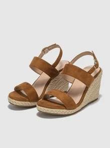 女士搭扣裝飾編織度假仿麂皮露跟坡跟涼鞋適用於戶外 - 棕色 - 查看 4