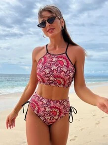 Allover Print Drawstring Side Halter Bikini Set Summer Beach - Multicolor - View 4