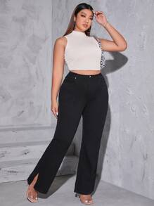 SHEIN Essnce 大碼高腰下擺開叉牛仔喇叭褲 - 黑色 - 查看 5