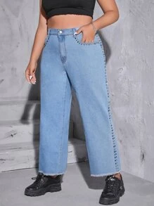 Plus High Waist Raw Hem Straight Leg Jeans - Medium Wash - View 1