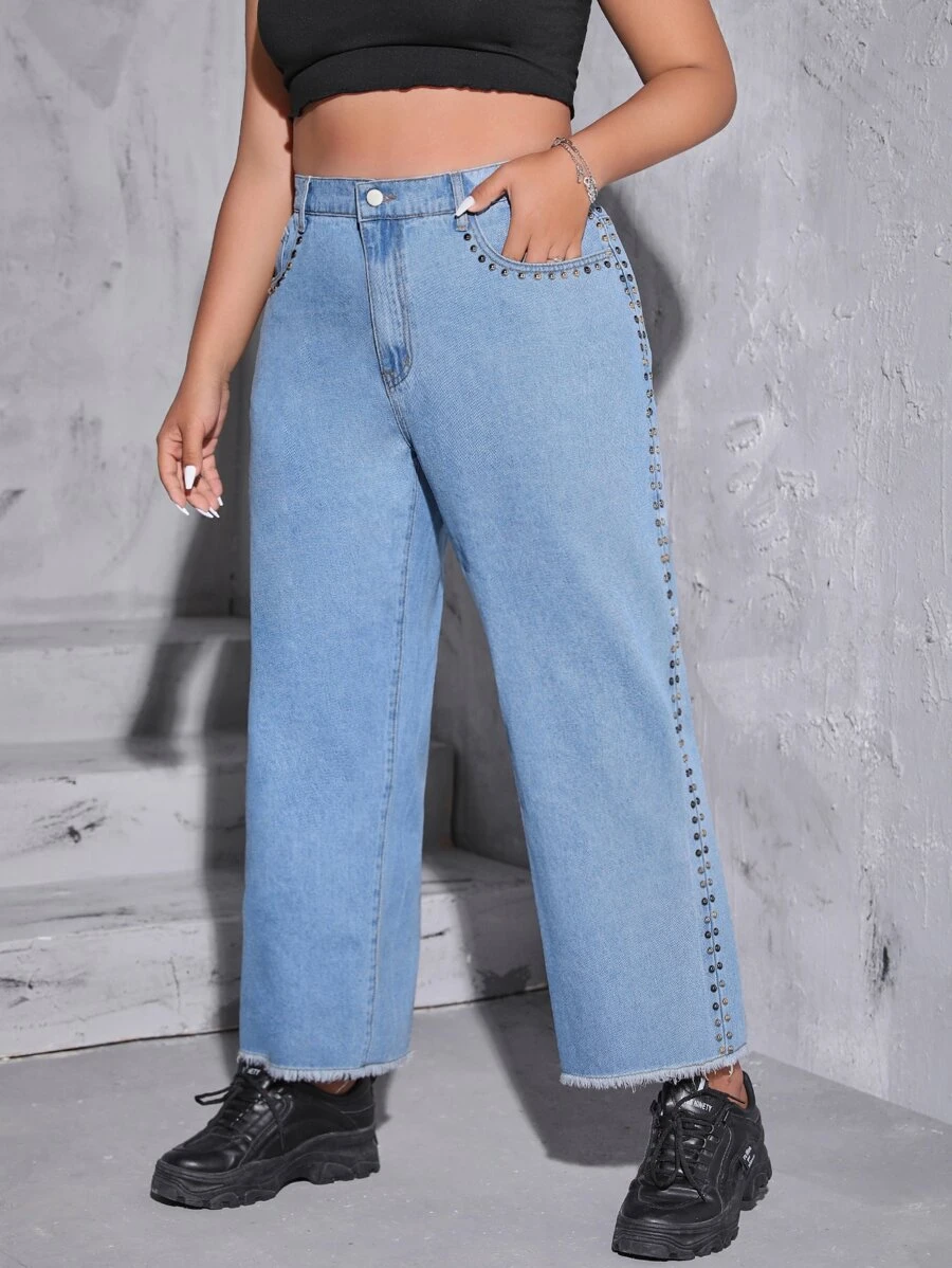 Plus High Waist Raw Hem Straight Leg Jeans - Medium Wash - View 1