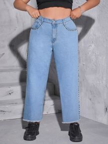 Plus High Waist Raw Hem Straight Leg Jeans - Medium Wash - View 3